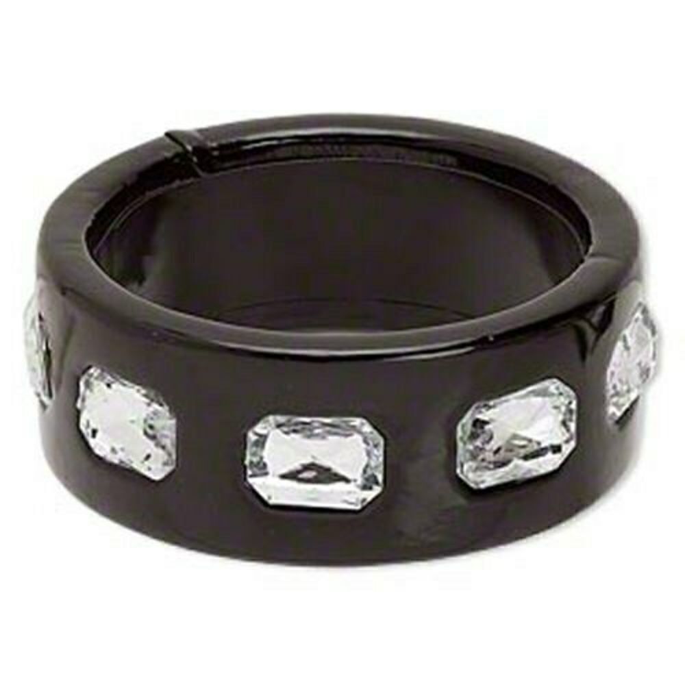 Slick Black PU Vinyl and Rhinestones Chunky Mod Retro Wide Bangle Bracelet - Picture 1 of 1